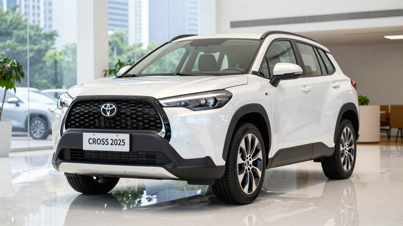 Weiss Toyota Cross 2025 SUV im Showroom mit grossen Fenstern und städtischer Kulisse im Hintergrund.