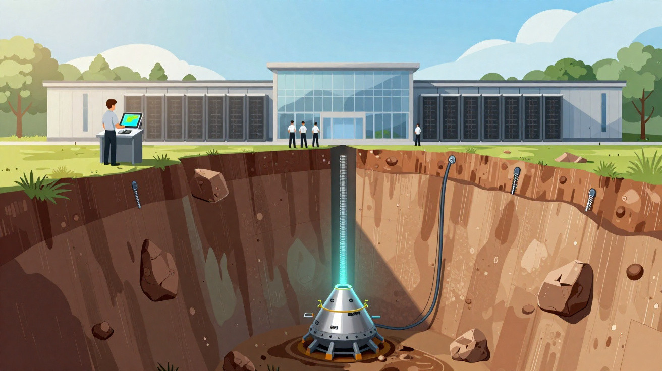 Illustration eines unterirdischen speichersystems vor einem modernen gebäude mit technikern und computerstation.