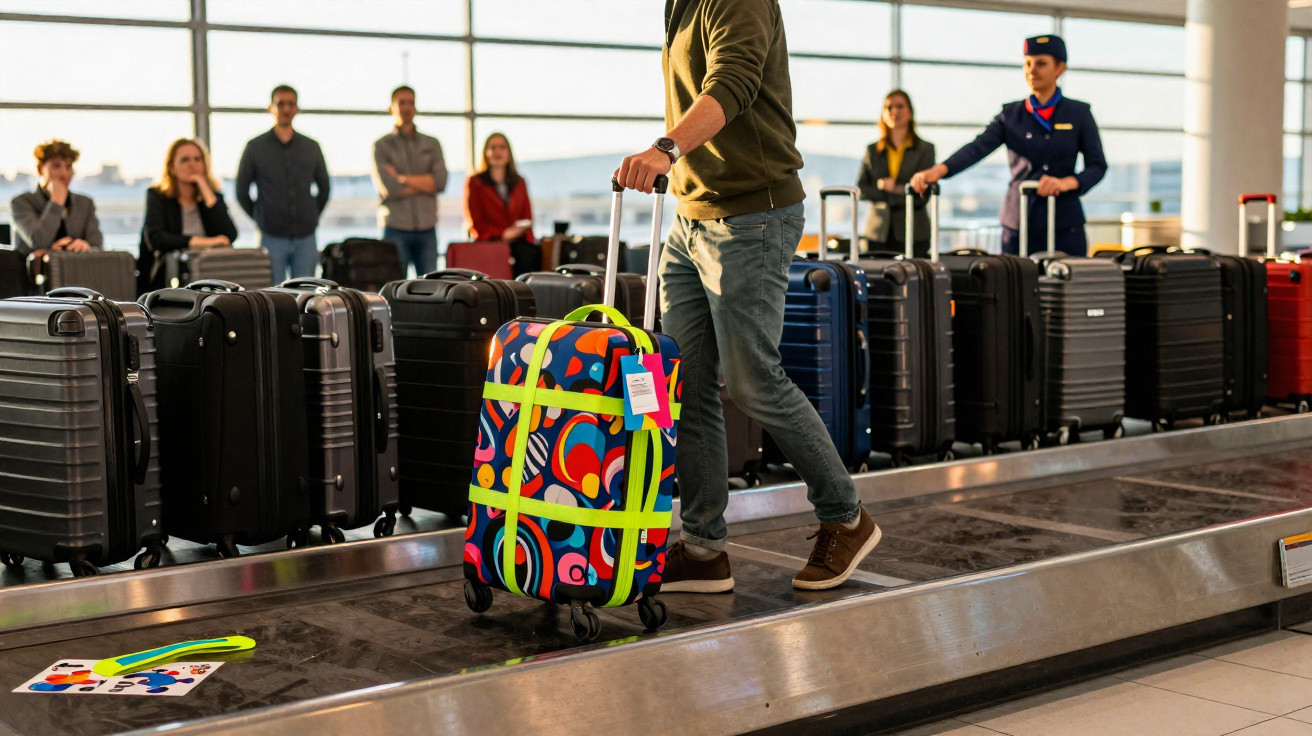 Person holt bunten Koffer mit gelben Gurten vom Gepäckband im Flughafen, andere Reisende warten im Hintergrund.