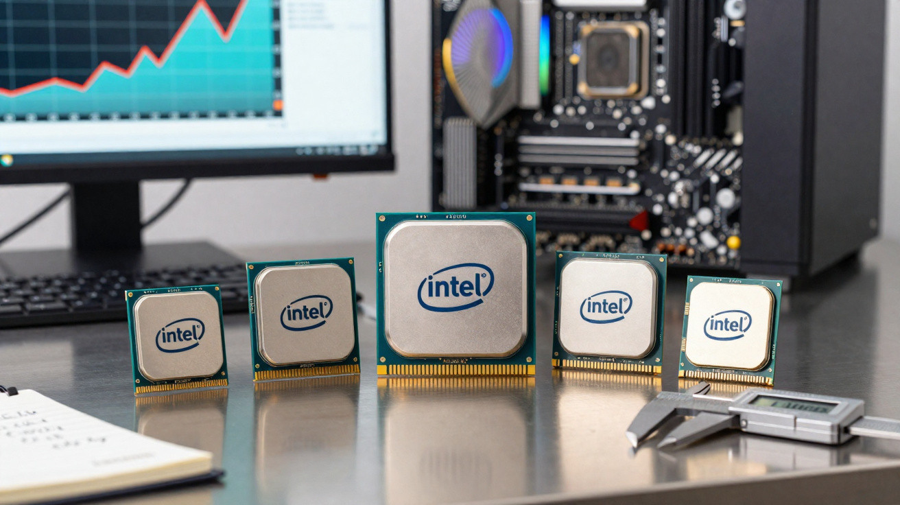Fünf Intel-Prozessoren unterschiedlicher Grösse stehen auf einem Tisch vor einem Computer mit geöffnetem Gehäuse.
