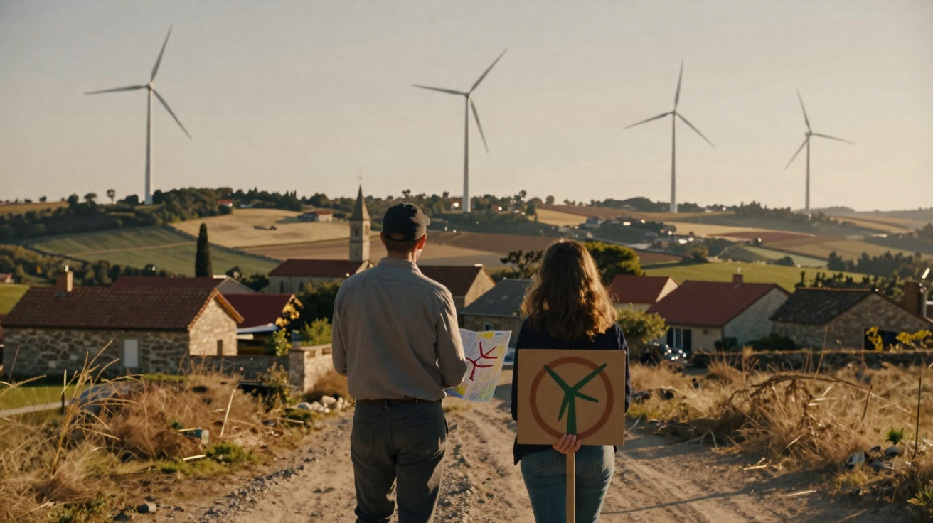 Zwei Personen auf Landweg mit Windkraftanlagen und Häusern im Hintergrund bei Sonnenuntergang.