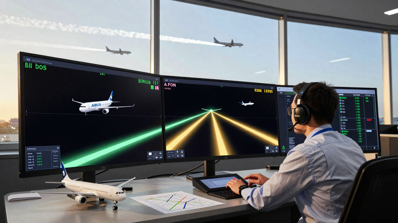 Fluglotse überwacht mehrere Bildschirme mit Flugzeugen, im Hintergrund Fenster mit startenden Flugzeugen.