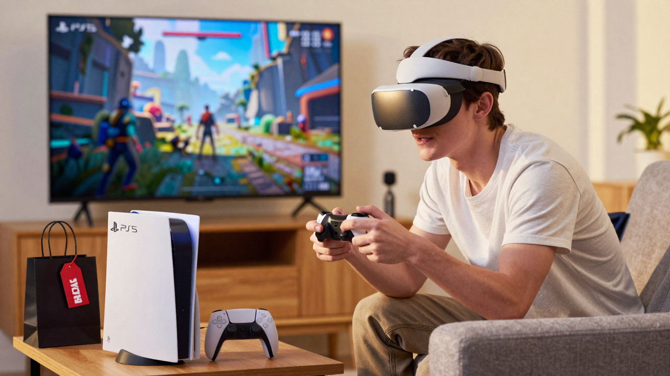 Mann sitzt auf Sofa mit VR-Brille und Gamecontroller, im Hintergrund PS5 und TV mit Videospiel.