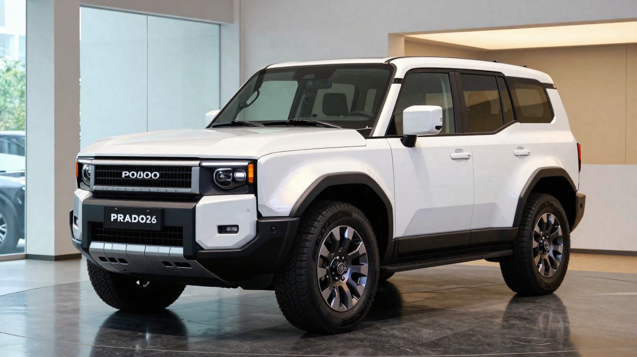 Weisser POQOO PRADO26 SUV im modernen Showroom mit schwarzem Unterfahrschutz und dunkel getönten Fenstern.