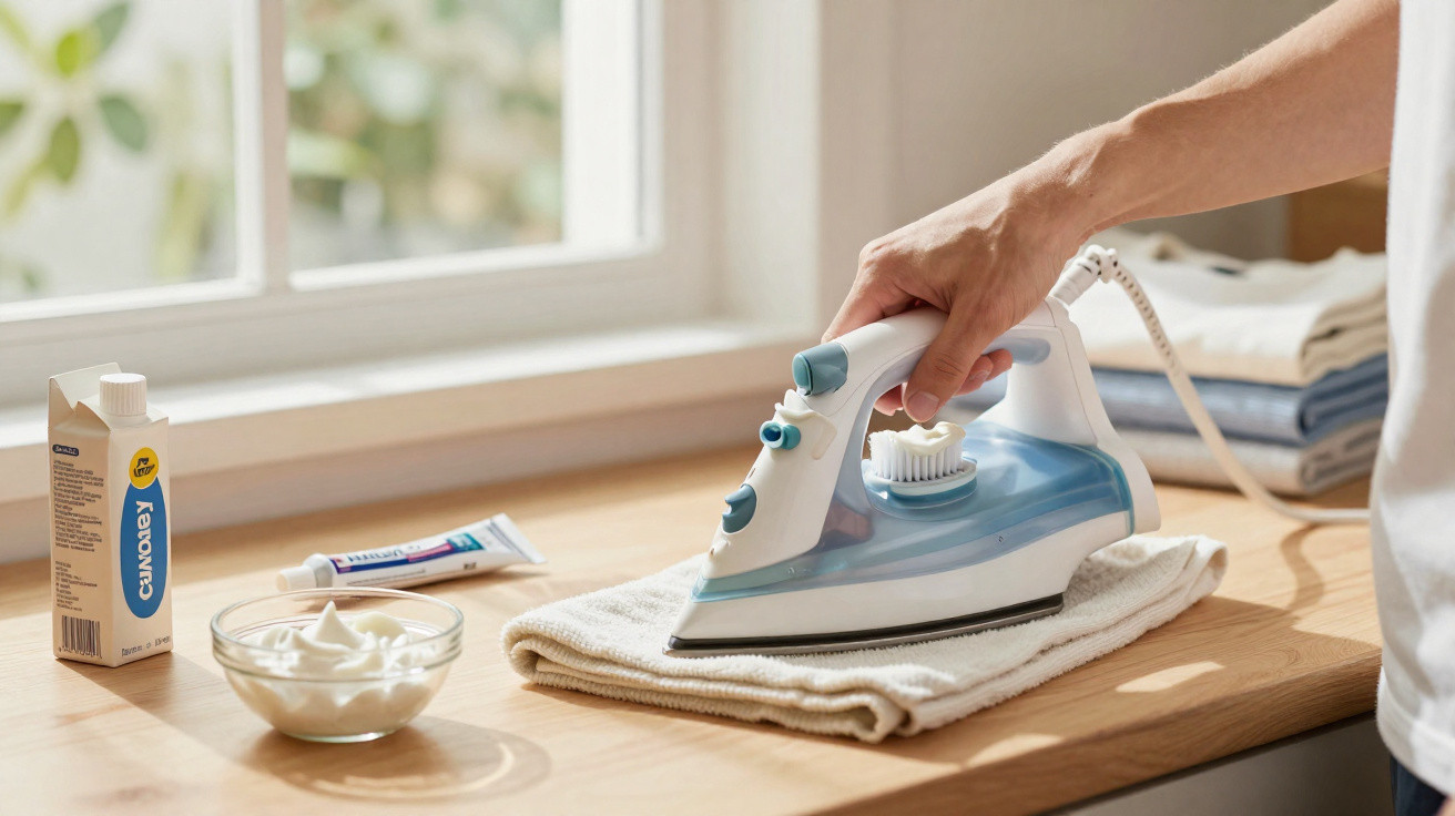 Hand bügelt mit Dampfbügeleisen weisse Kleidung auf Holztisch bei Tageslicht.