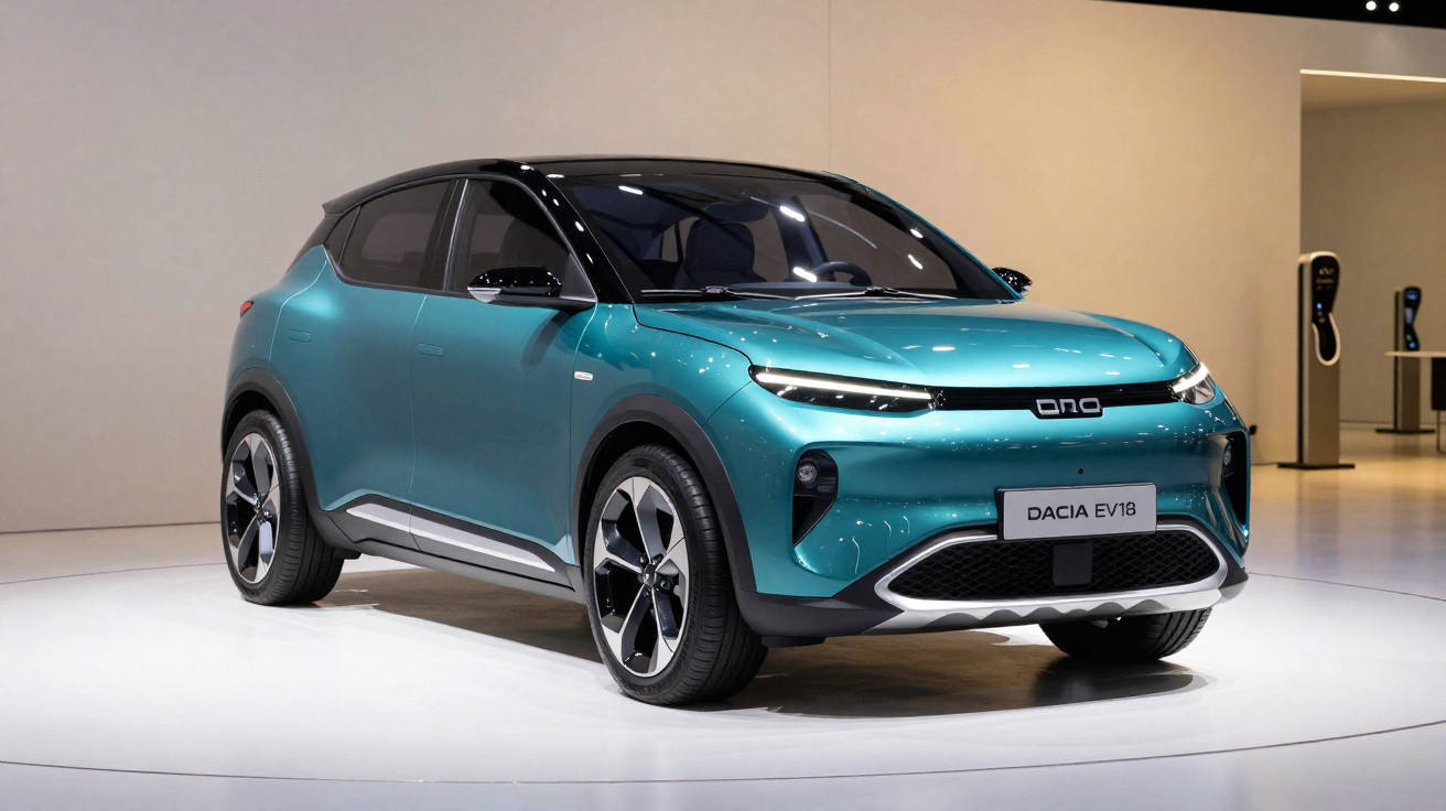 Blau-grüner Dacia EV18 Elektro-SUV in Ausstellung mit schwarzem Dach und modernen Scheinwerfern.