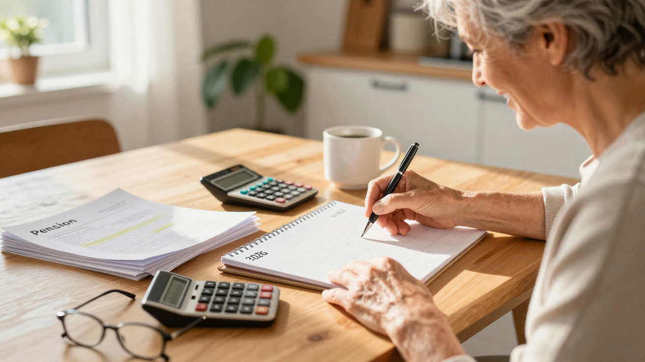 Ältere Person plant Termine im Kalender, umgeben von Pension-Unterlagen, Taschenrechner und Kaffee auf Holztisch.