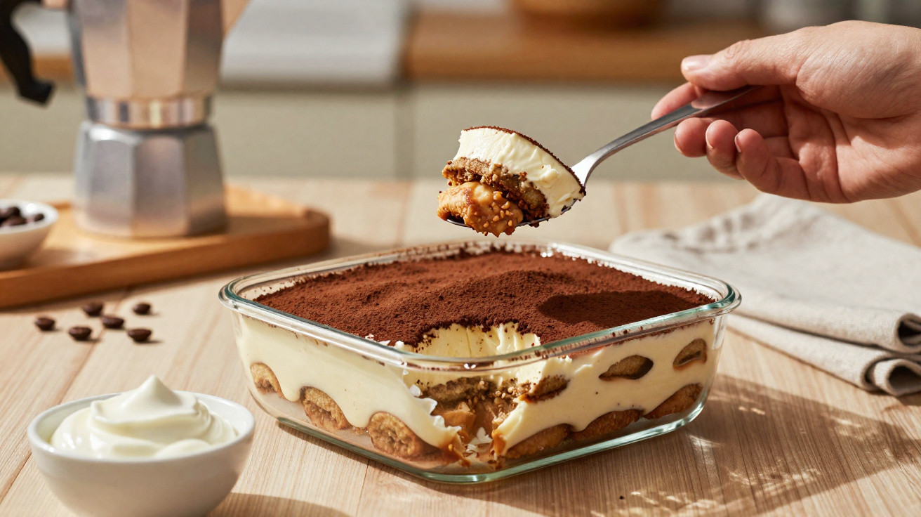 Hand hält Löffel mit Löffelbiskuit und Mascarponecreme über Glasform mit Tiramisù, Kaffeebohnen und Kaffeemaschine im Hinterg