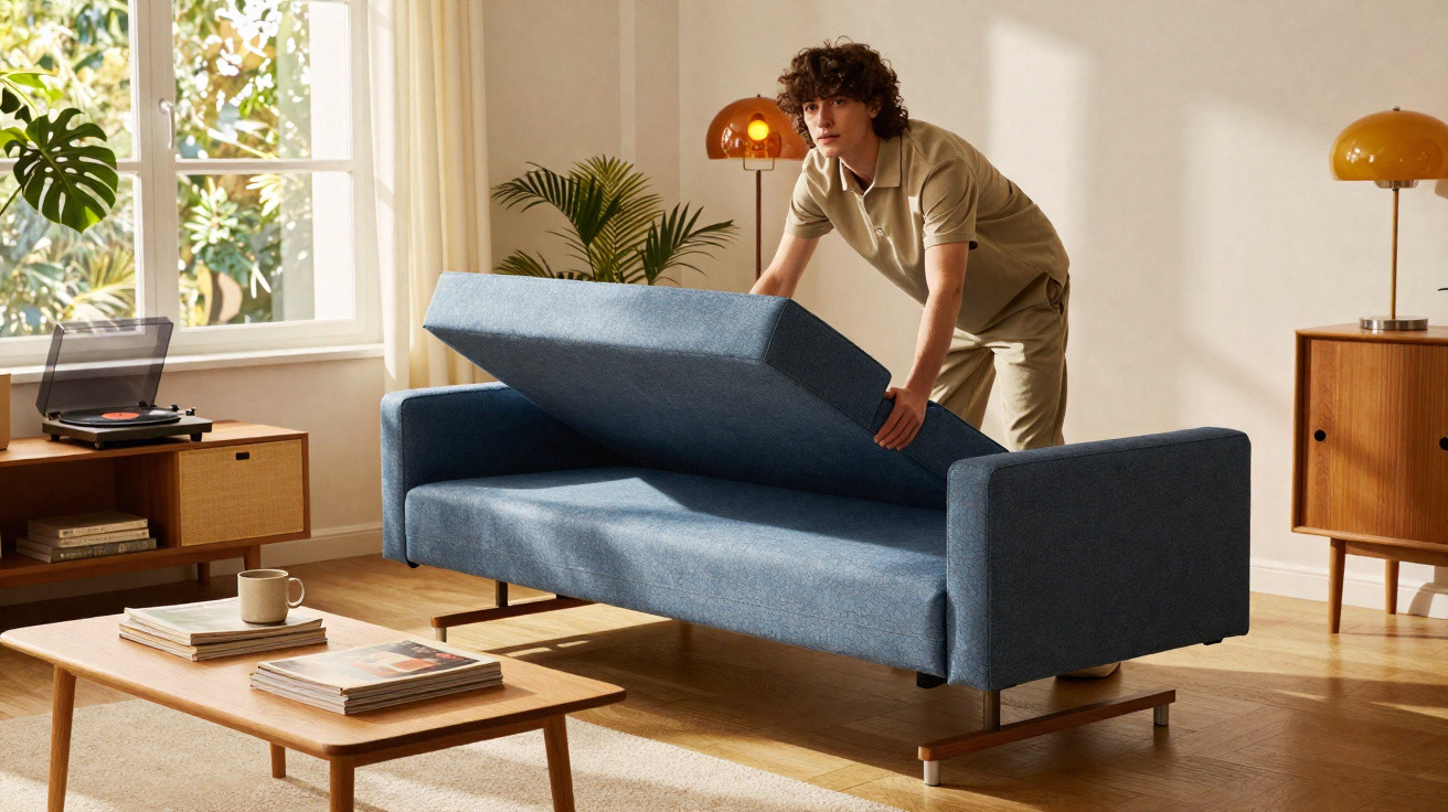 Junger Mann klappt das Sitzpolster eines blauen Sofas in modernem Wohnzimmer hoch.