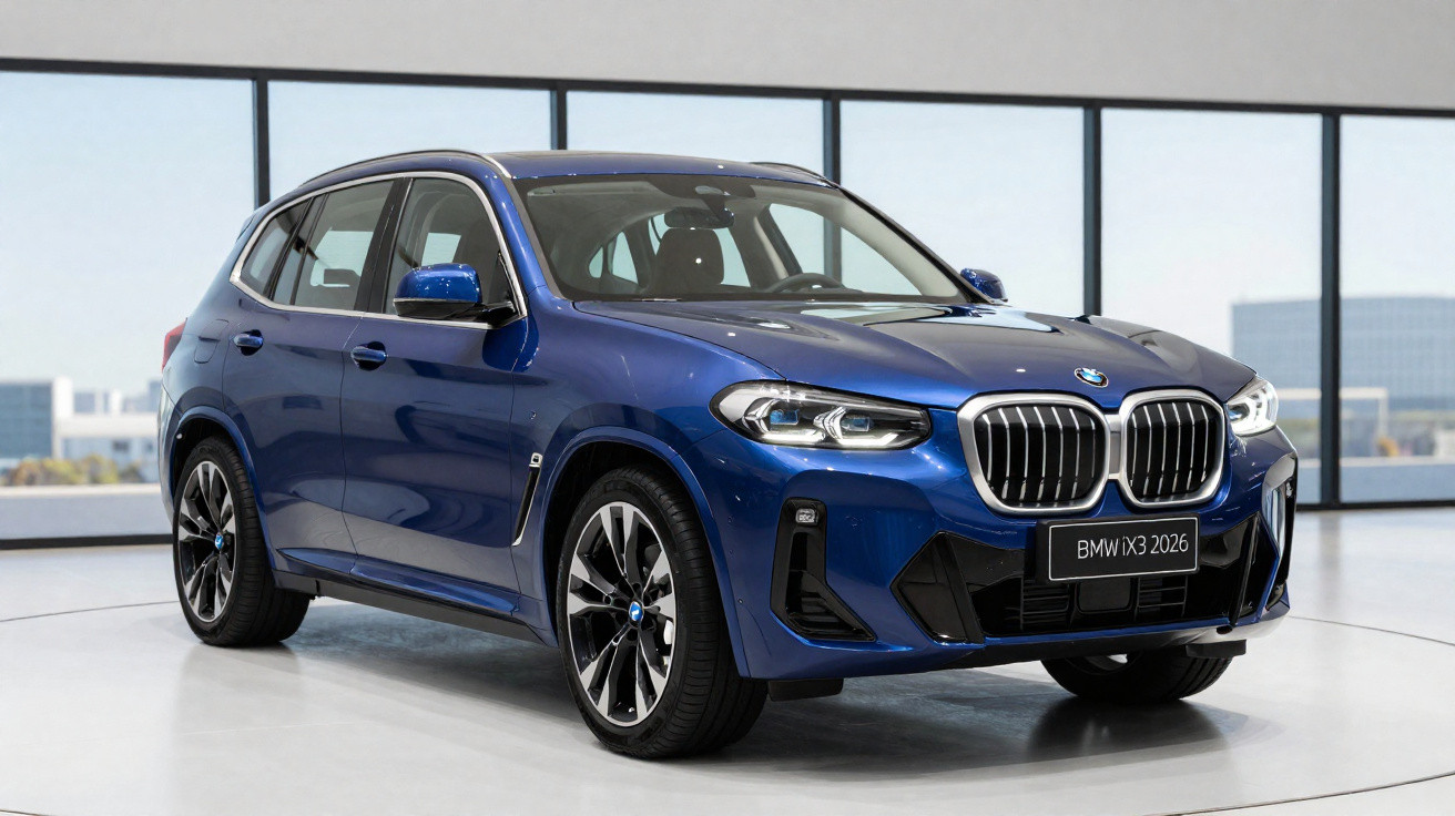Blauer BMW iX3 2026 Elektro-SUV, seitliche Frontansicht in modernem Showroom mit Fensterfront.