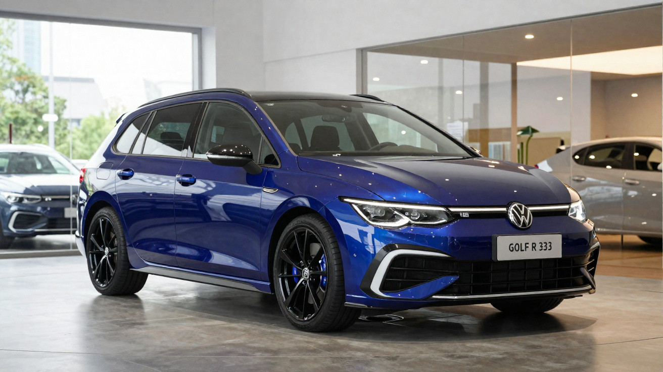 Blauer VW Golf R Variant im Showroom mit schwarzem Felgendesign und modernem Frontscheinwerfer.