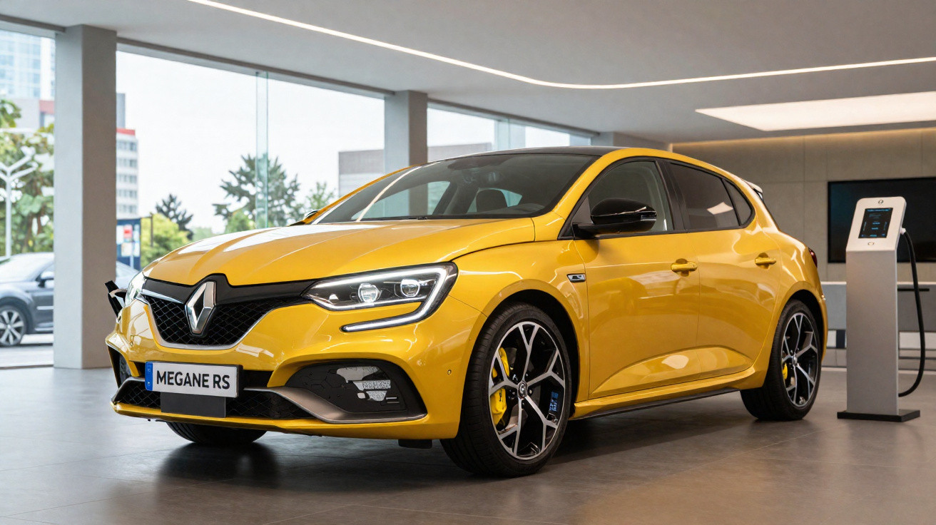 Gelber Renault Megane RS Sportwagen in modernem Showroom mit E-Ladestation im Hintergrund.