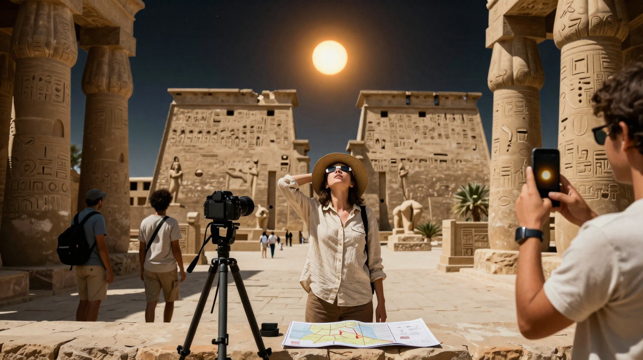 Touristen erkunden alte ägyptische Tempelruinen bei Vollmond unter klartem Nachthimmel.