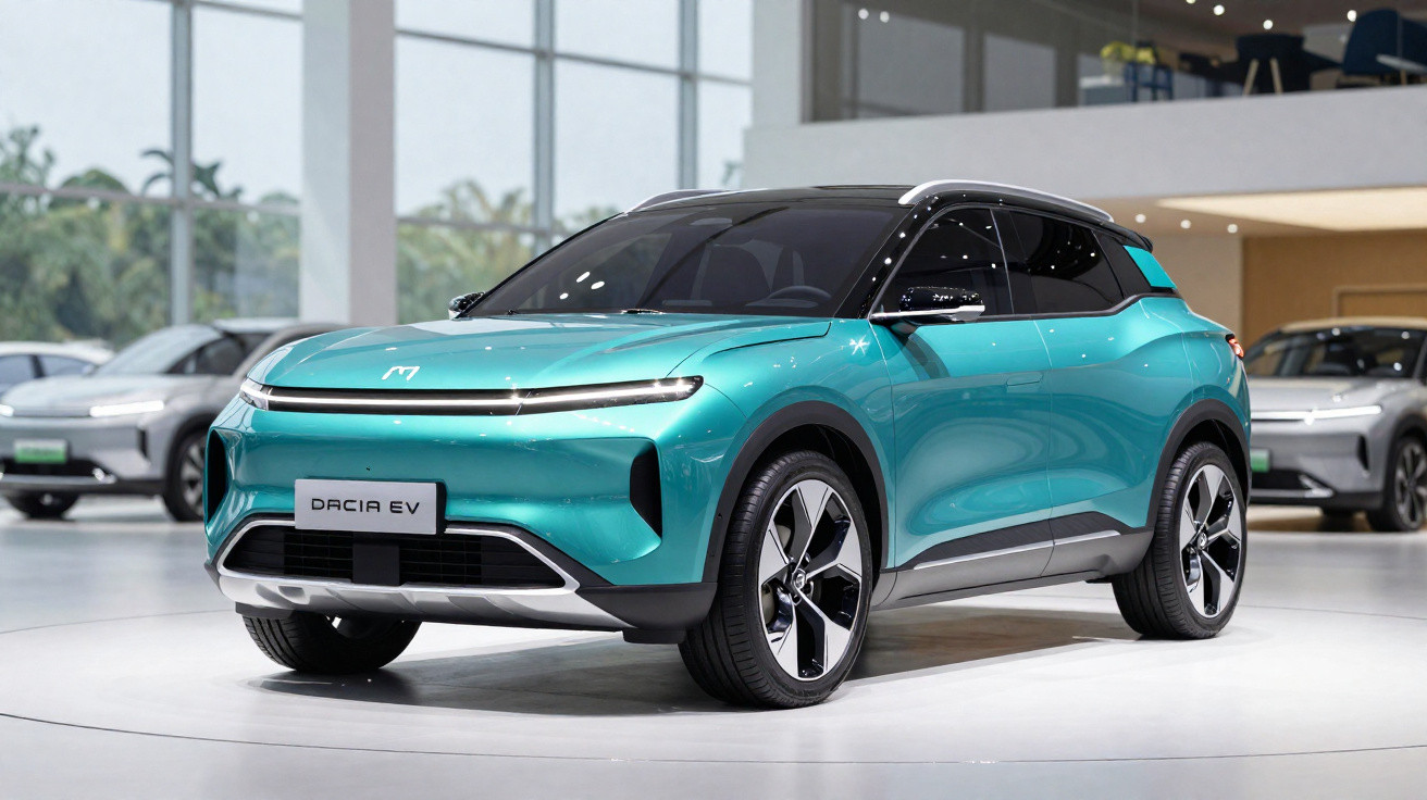 Türkiser Dacia EV Elektro-SUV in Ausstellungshalle mit grossen Fenstern und weiteren Autos im Hintergrund.