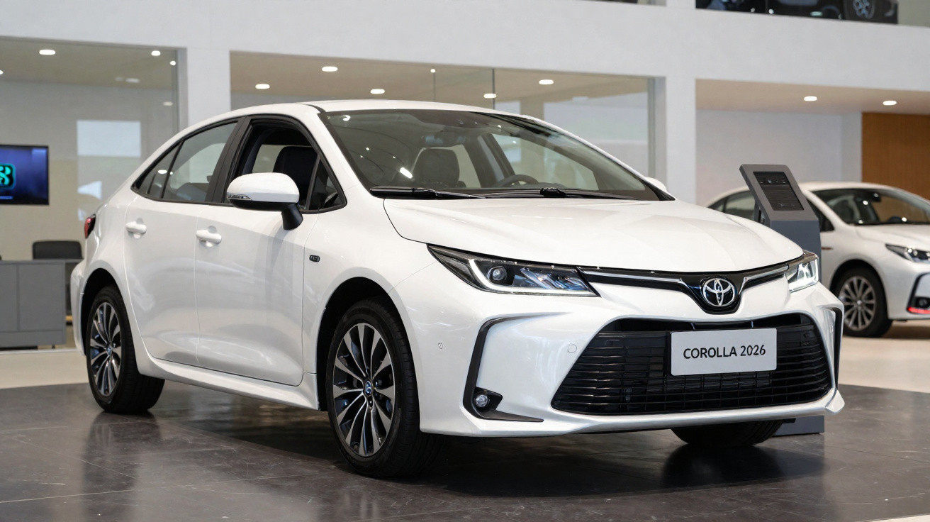 Weisser Toyota Corolla 2026 Limousine in einem modernen Autohaus auf Ausstellungsfläche.