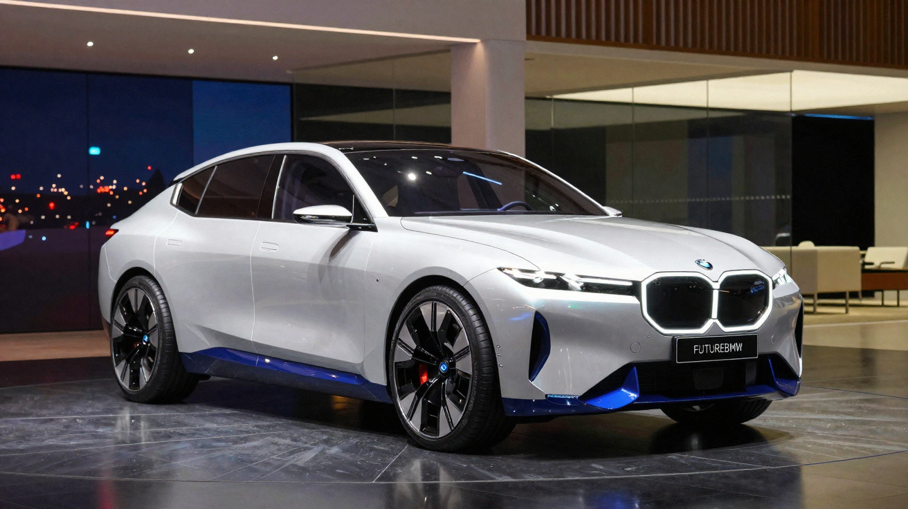 Weisser BMW Elektroauto Prototyp mit blauem Akzent, futuristisches Design, steht in modernem Ausstellungsraum.
