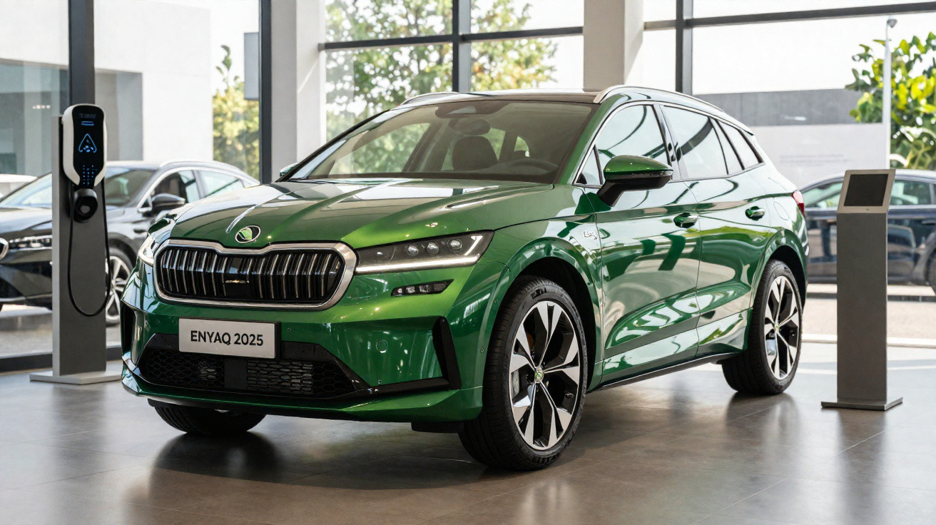 Grünes Škoda Enyaq 2025 Elektro-SUV in hellem Showroom neben Ladestation.