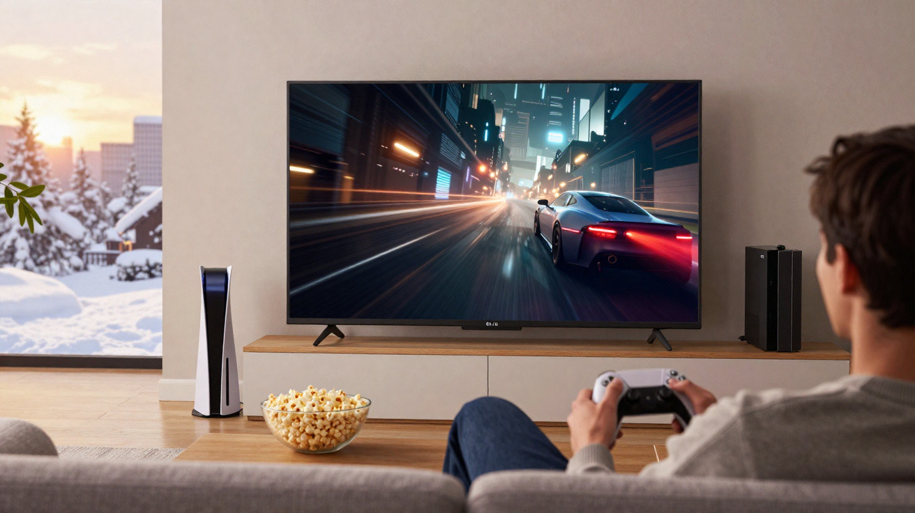 Person sitzt auf Sofa und spielt Videospiele auf grossem Fernseher im Wohnzimmer mit Schneelandschaft draussen.