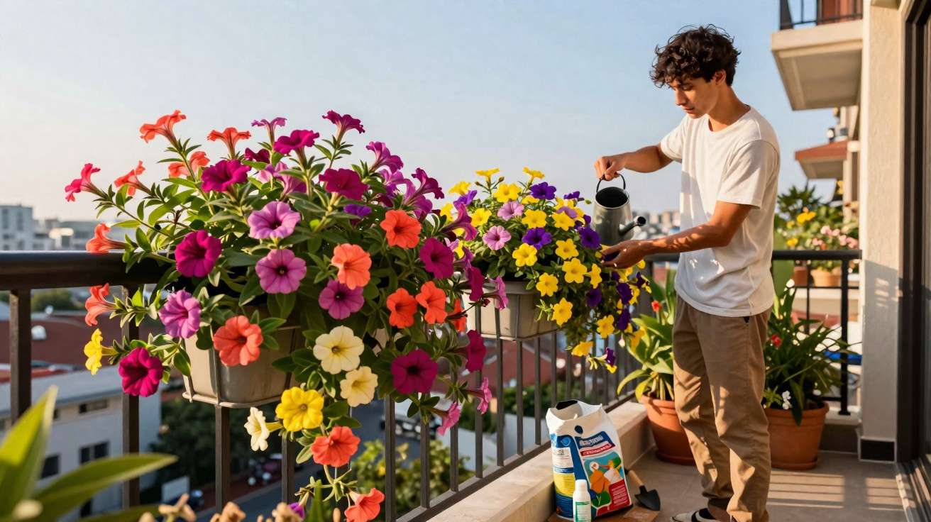 Mann giessst bunte Blumen in Töpfen uf em Balkon bi Sonnenuntergang.