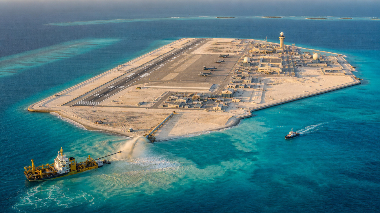 Luftaufnahme einer künstlichen, ins Meer gebauten Insel mit Landebahn, Flugzeugen und Schiffen.