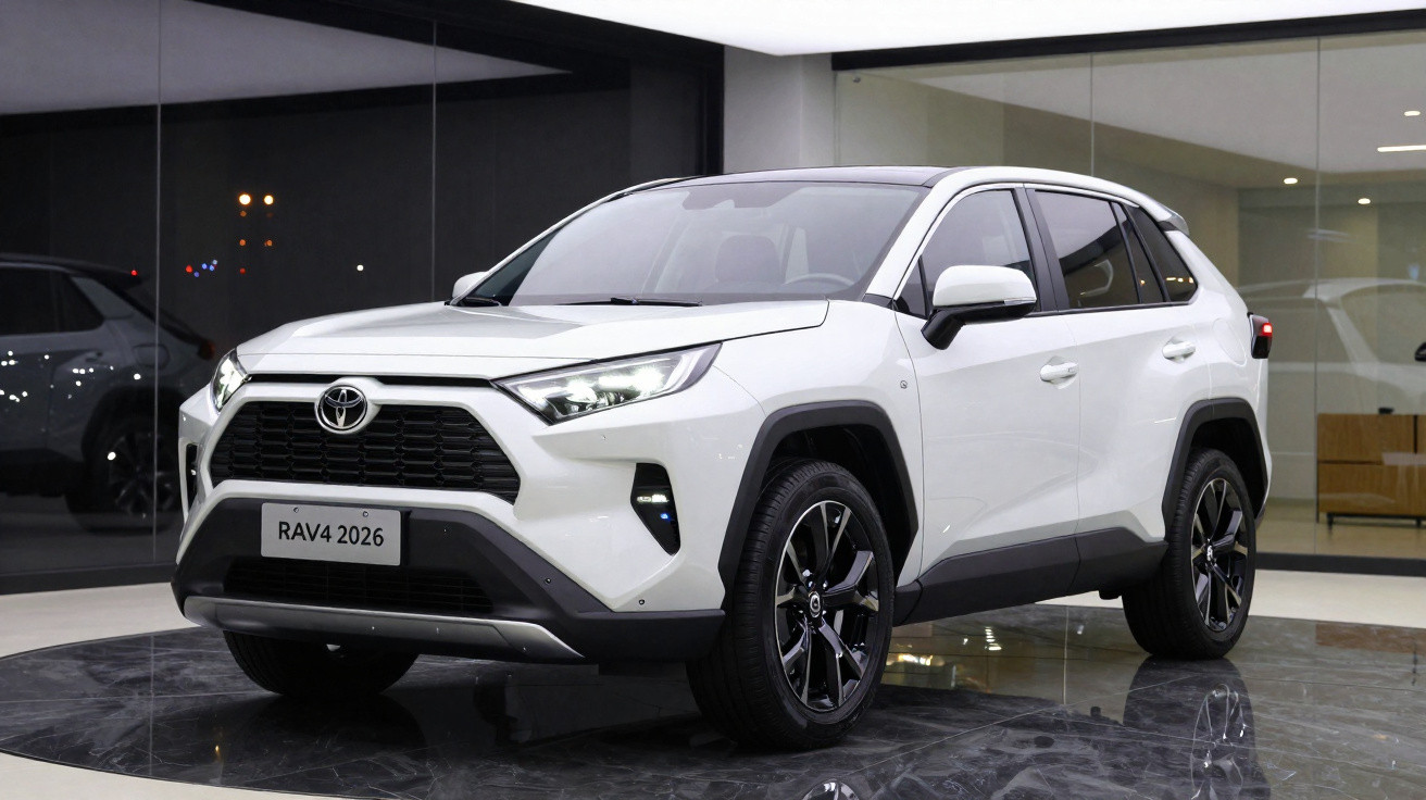 Weisser Toyota RAV4 2026 SUV in einem modernen Showroom mit schwarzem und weissgrauem Interieur.