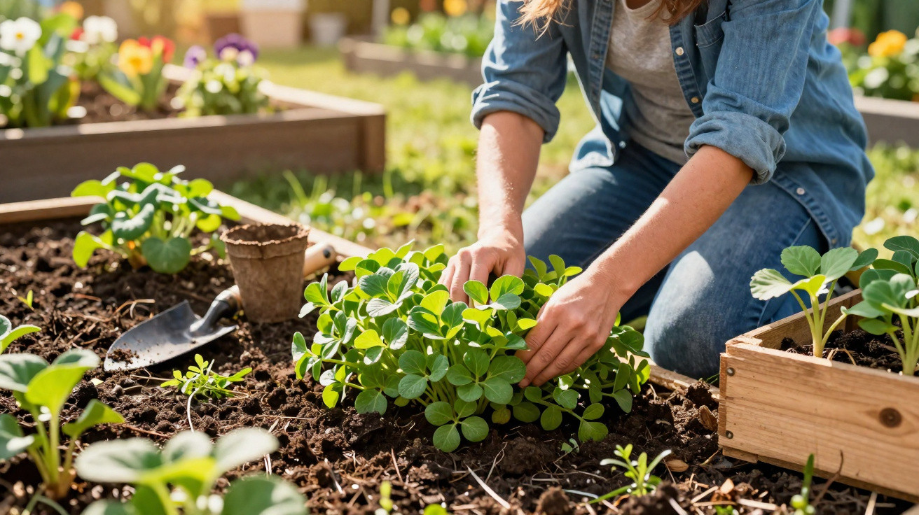 Person jätet junge Pflanzen in einem sonnigen Gemüsegarten auf fruchtbarem Boden.