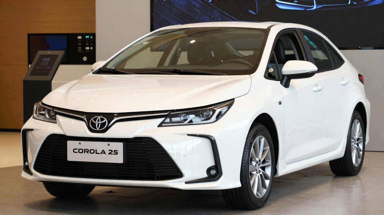Weisser Toyota Corolla 25 Limousine, frontal in einem Showroom abgebildet.