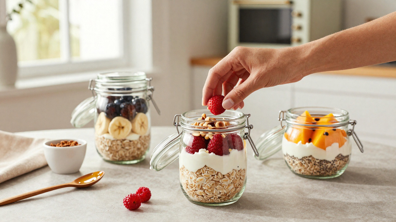 Hand legt Himbeere auf ein mit Haferflocken, Joghurt, Früchten und Nüssen gefülltes Glas auf Küchentisch.