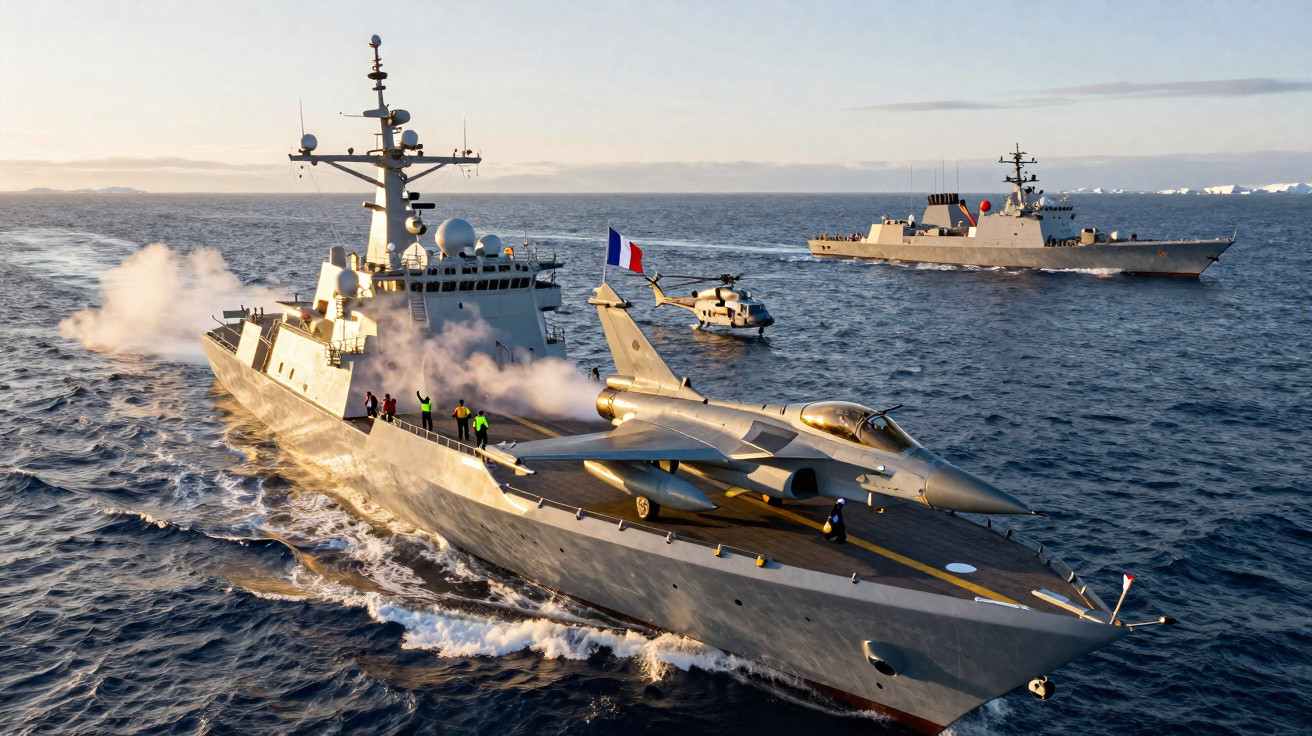 Französisches Kriegsschiff mit Jet und Helikopter auf Deck, weiteres Schiff und Meer im Hintergrund bei Sonnenuntergang.