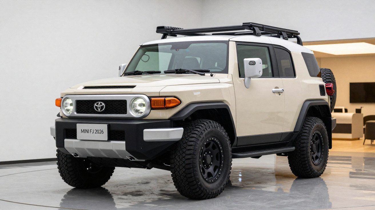 Beiger Toyota FJ Cruiser SUV mit schwarzen Offroad-Reifen und Dachgepäckträger in modernem Innenraum.