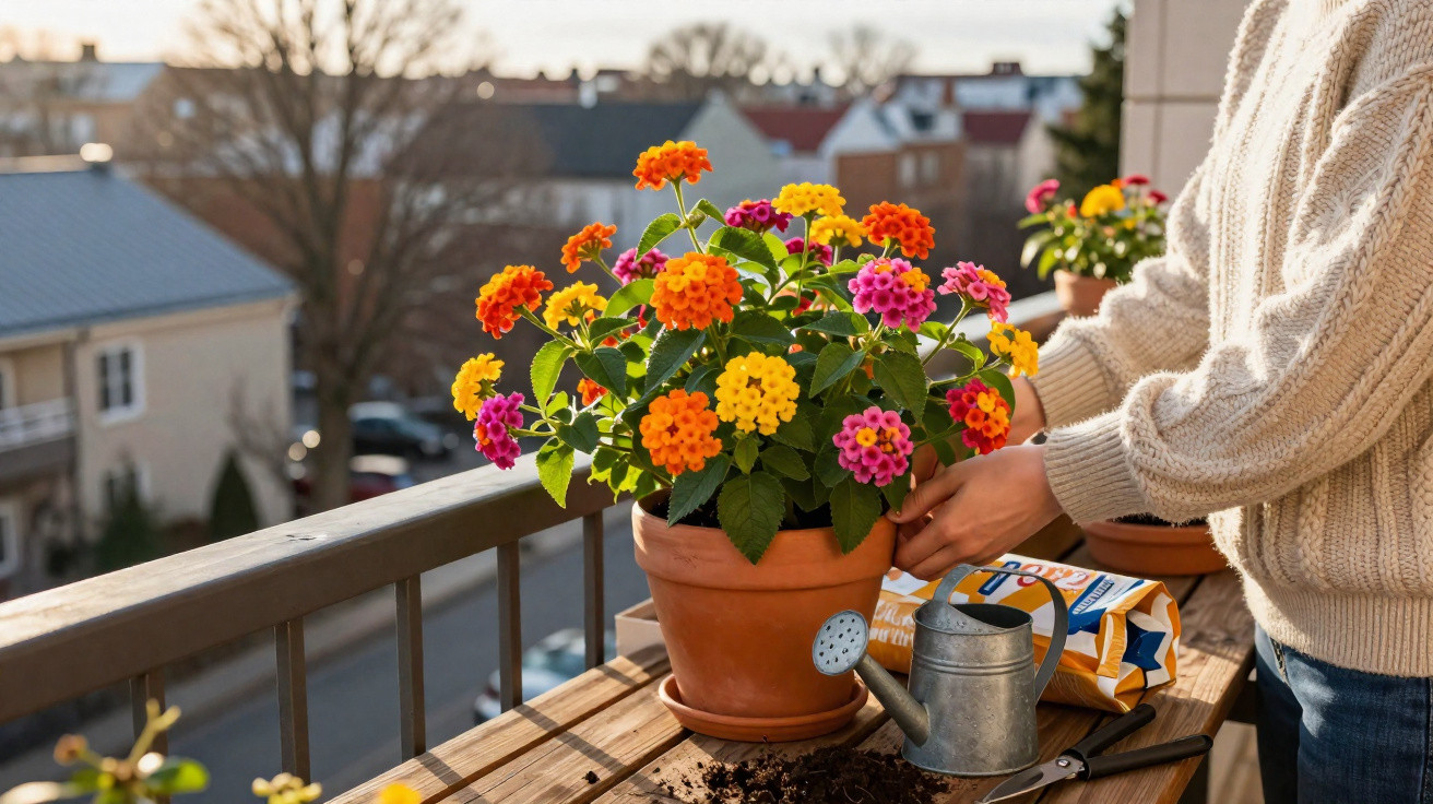 Person in Pullover pflegt bunte Blumen in Terrakottatopf auf Balkon mit Gieskanne und Blumenerde.