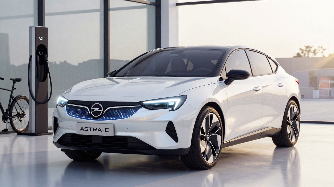 Weisser Opel Astra-E Elektroauto steht im Showroom neben Ladestation und Fahrrad.