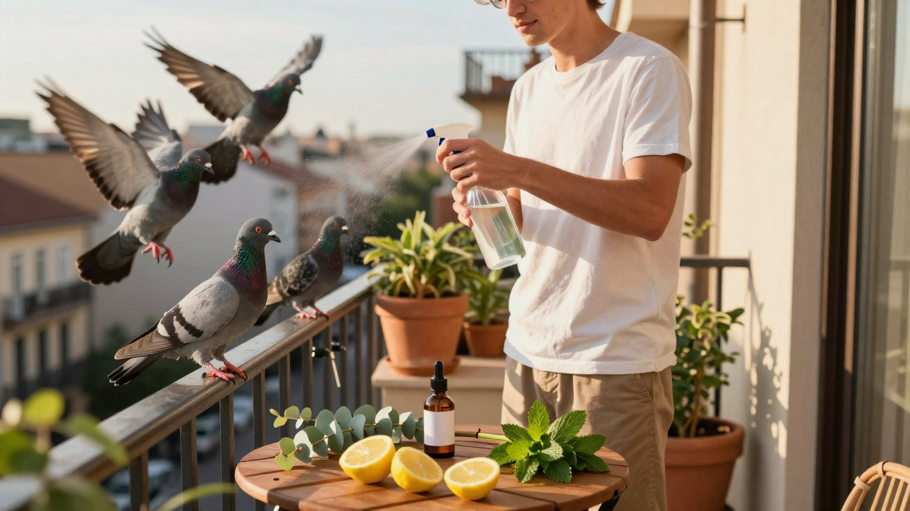 Person sprüht auf Balkon Tauben mit einer Flüssigkeit, Tisch mit Pflanzen, Zitronen und Fläschchen im Sonnenlicht.