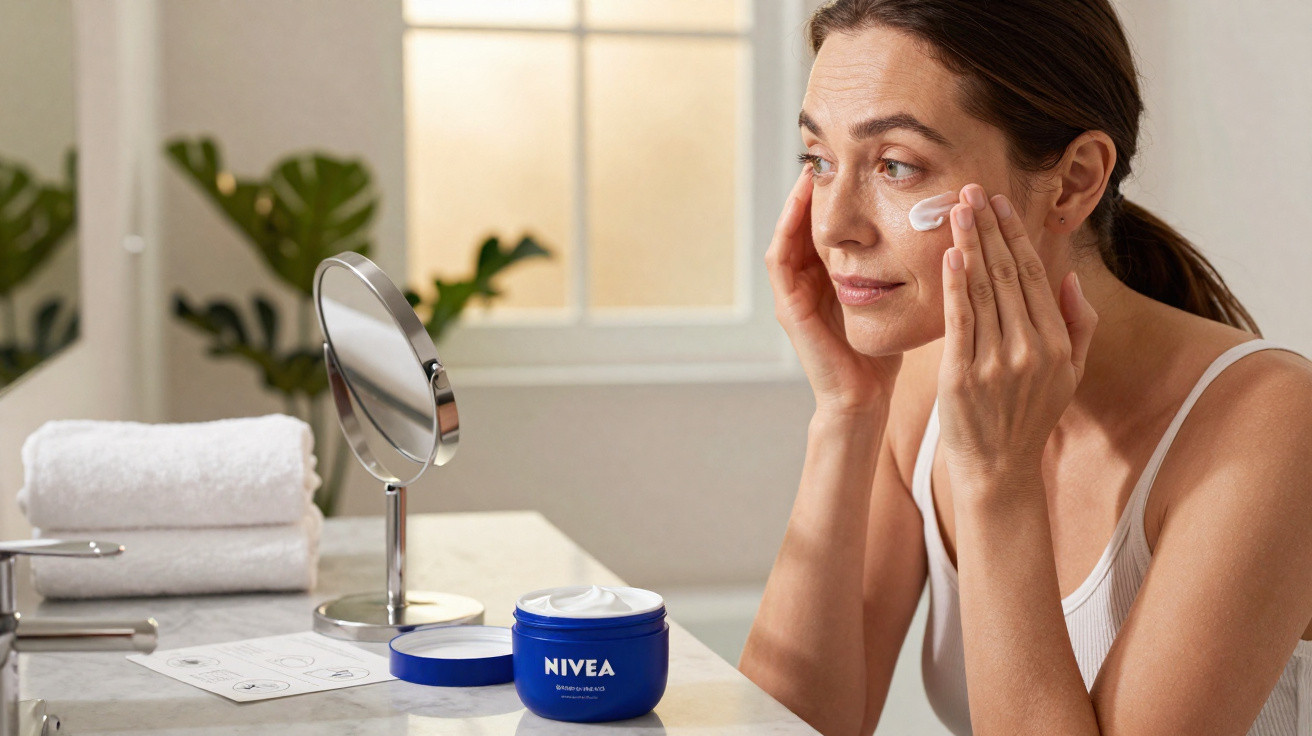 Frau trägt Gesichtscreme von Nivea vor Spiegel im hellen Badezimmer auf.