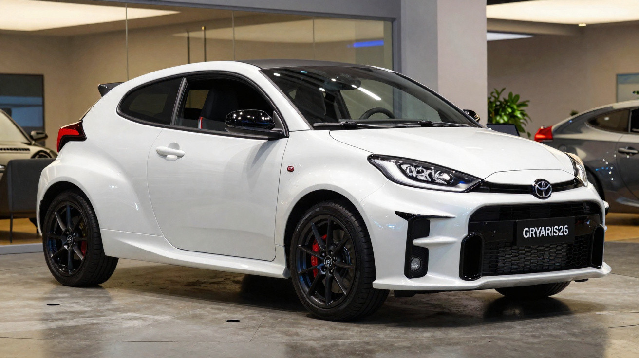 Weisser sportlicher Toyota GR Yaris 3-Türer in Autoausstellung mit schwarzem Felgen-Design.
