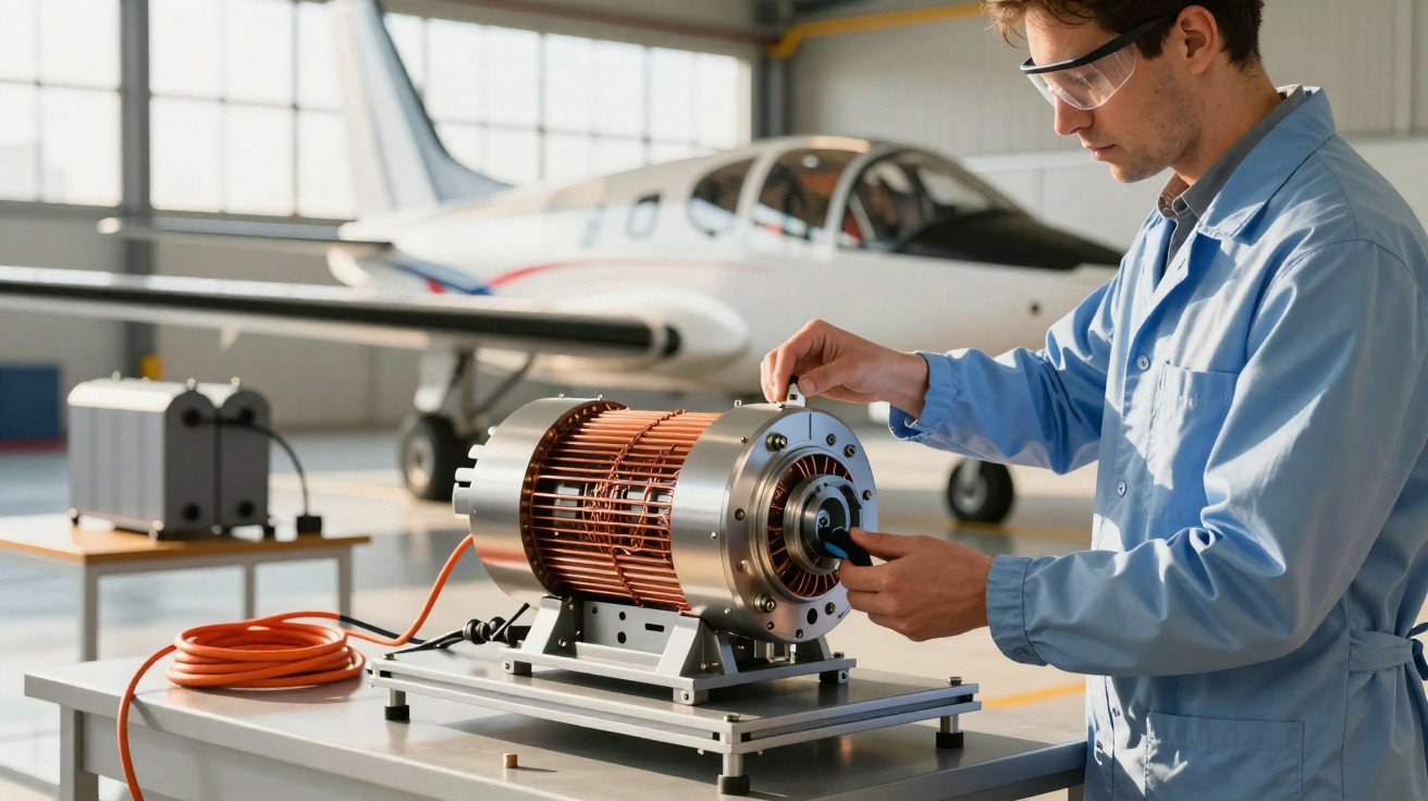 Ingenieur in Schutzbrille repariert Elektromotor vor Kleinflugzeug in heller Werkstatt.