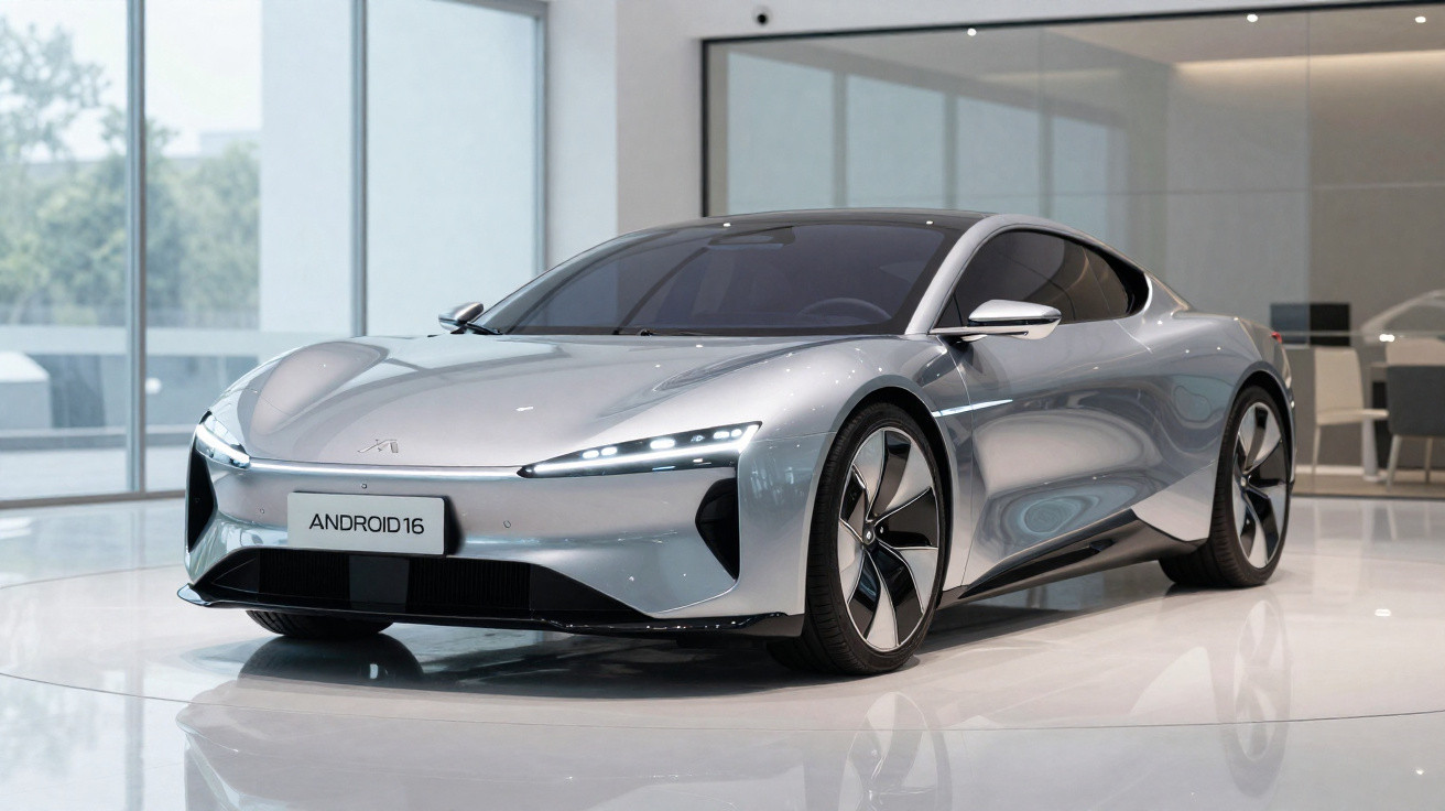 Silbernes Elektro-Sportauto Android16 mit futuristischem Design in einem modernen Showroom.