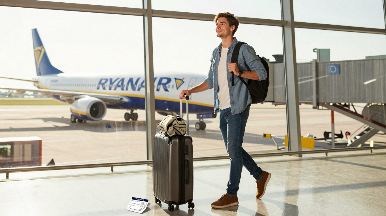 Junger Mann mit Rucksack und Rollkoffer an Flughafen, Ryanair-Flugzeug im Hintergrund am Gate.