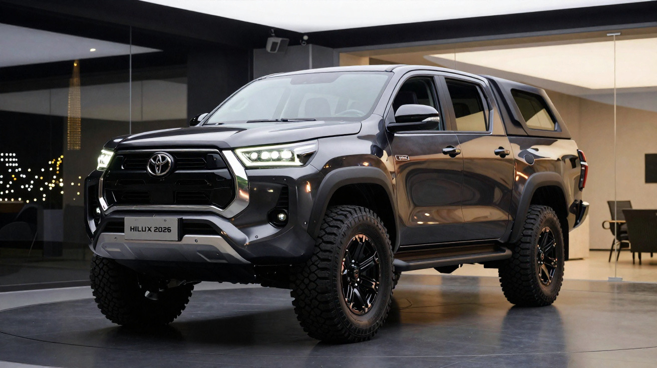 Dunkelgrauer Toyota Hilux 2026 Pickup mit Offroad-Reifen und geschlossener Ladefläche in modernem Showroom.