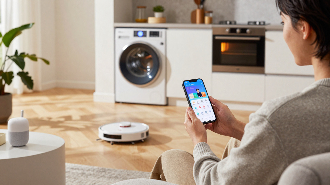 Person steuert Roboter-Staubsauger mit Smartphone in modernem Wohnzimmer mit Waschmaschine und Küche.