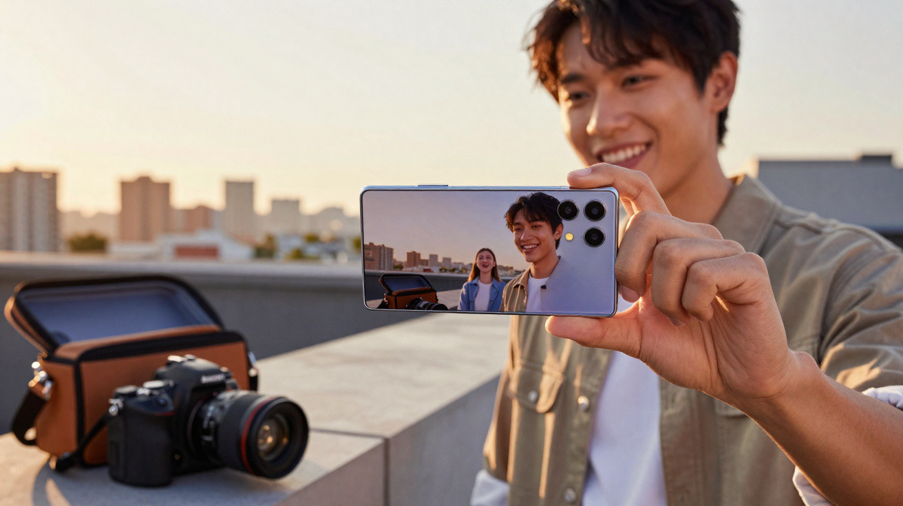 Junger Mann macht Selfie mit Smartphone auf Dachterrasse beim Sonnenuntergang, Kamera und Tasche im Hintergrund.