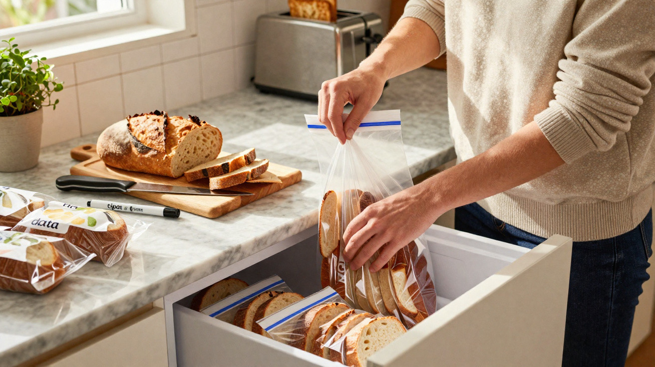 Person lagert geschnittenes Brot in verschliessbare Plastikbeutel in einer Küchenschublade.