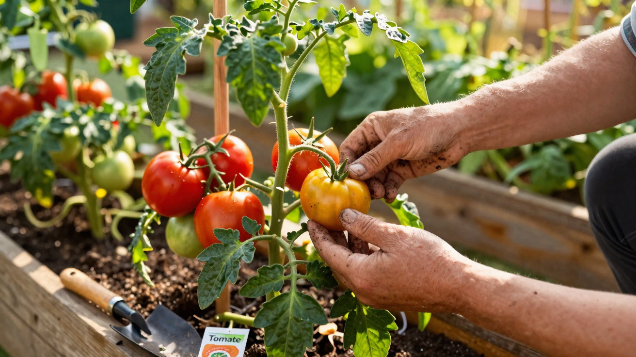 Person erntet reife Tomaten an einem Pflanztrog im Garten bei Sonnenschein.