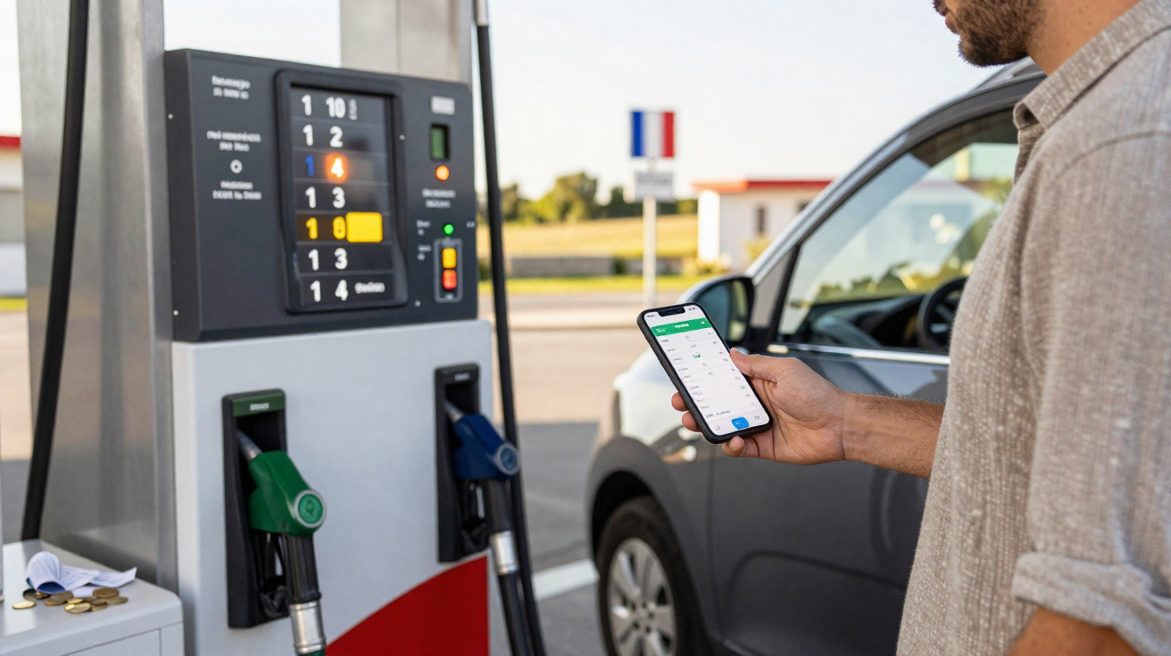 Mann an Tankstelle überprüft Bezahl-App auf Smartphone neben Zapfsäule und Auto.
