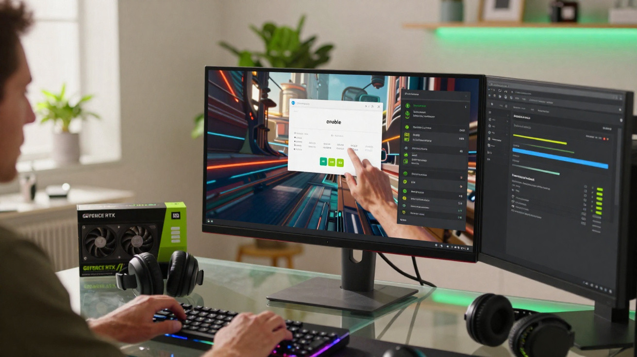 Person am Schreibtisch bedient zwei Monitore mit Software und Tastatur, GeForce RTX Grafikarte nebenan sichtbar.
