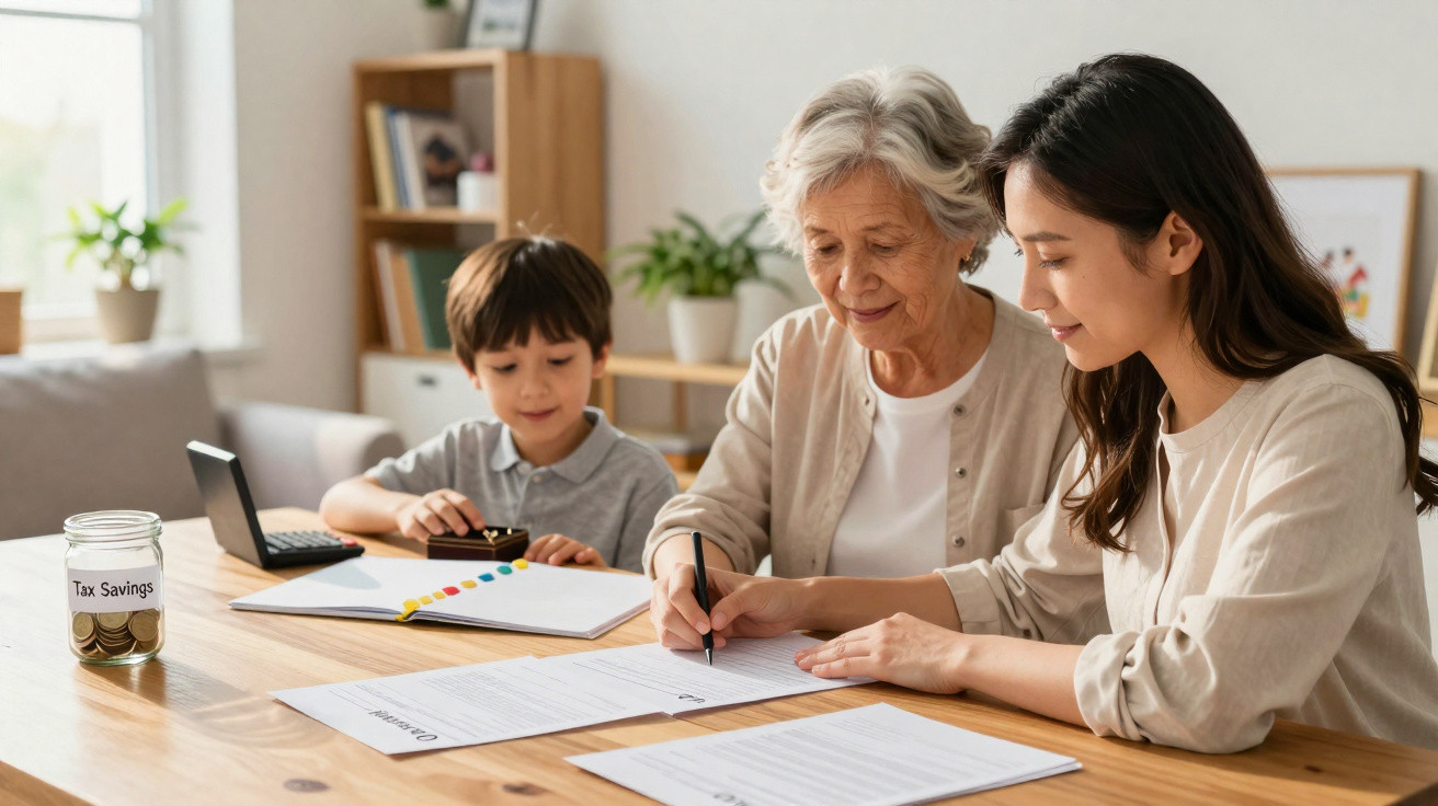 Drei Generationen – Grossmutter, Mutter und Enkel, arbeiten gemeinsam an Dokumenten und Finanzen am Holztisch.