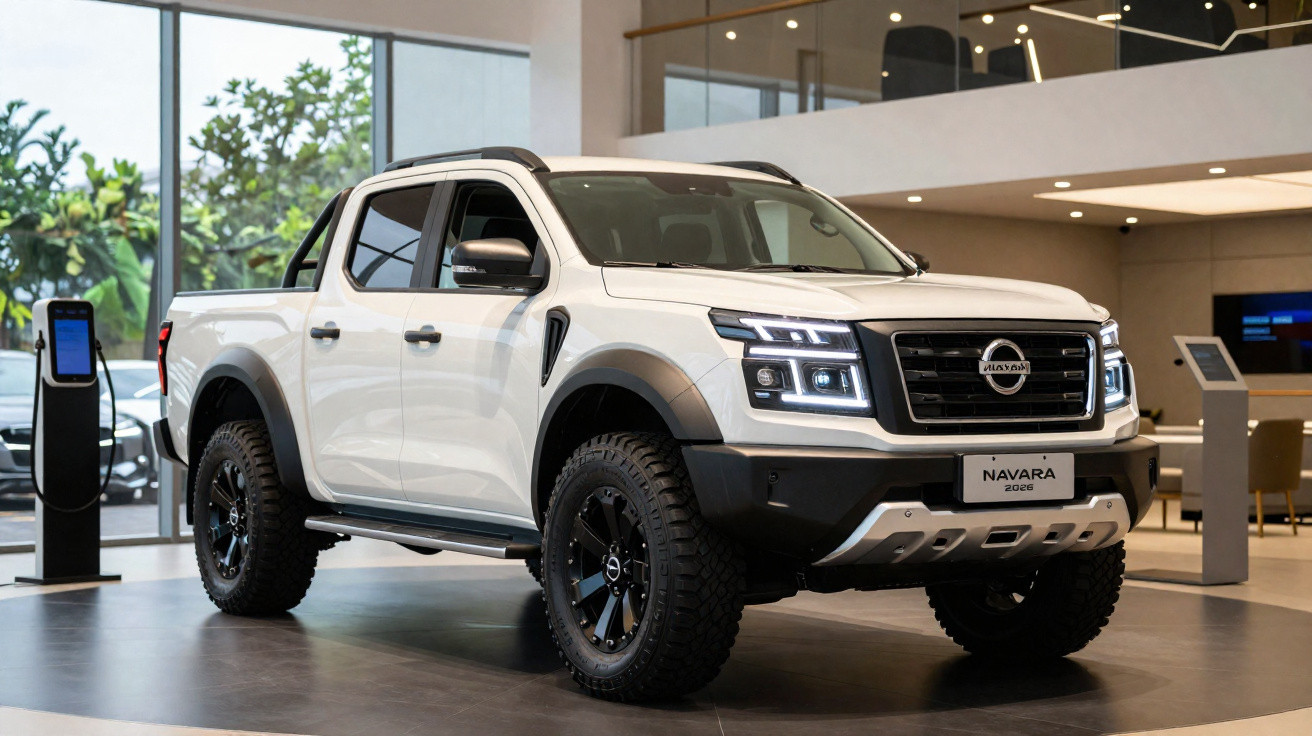 Weisser Nissan Navara 2023 Pick-up im Showroom mit moderner LED-Beleuchtung und Offroad-Reifen.