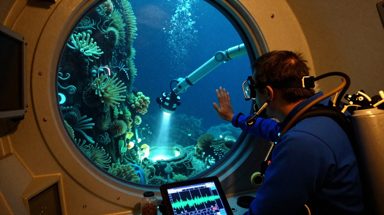 Taucher beobachtet Meeresforschung durch Bullauge im Unterwasserlabor mit Roboterarm und Korallenriff.