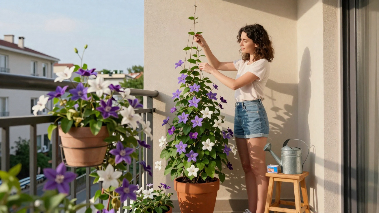 Frau pflegt blühende Clematispflanze auf Balkon bei sonnigem Wetter.