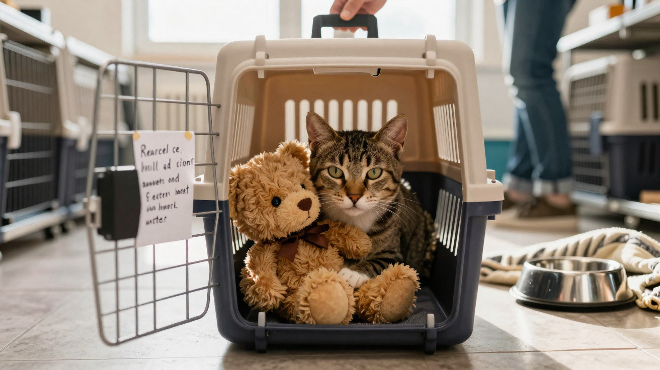 Eine Katze sitzt in einer Transportbox zusammen mit einem braunen Teddybär im Tierheim.